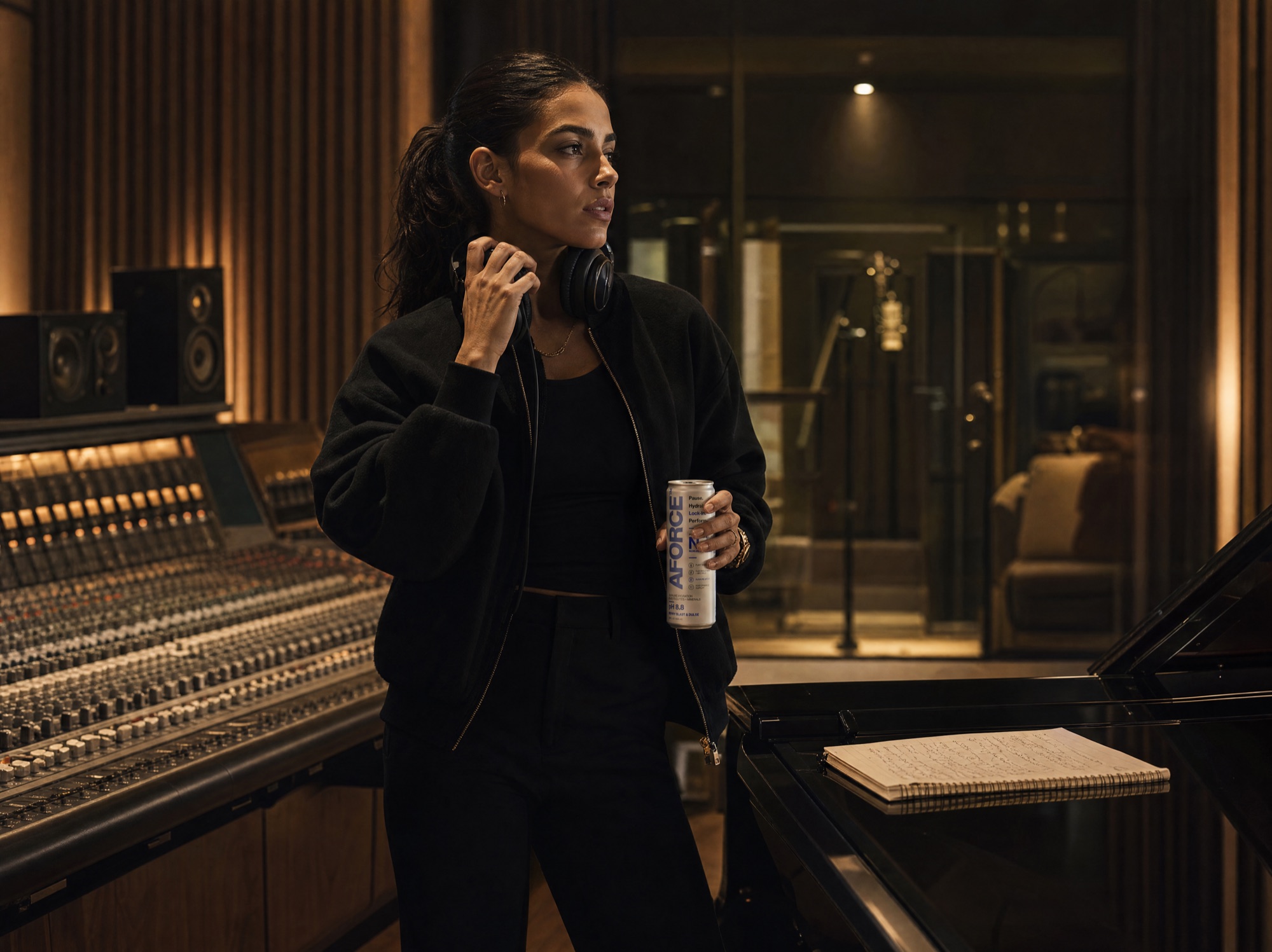 A music producer pauses in her studio at night, headphones around her neck and an AFORCE can in hand
