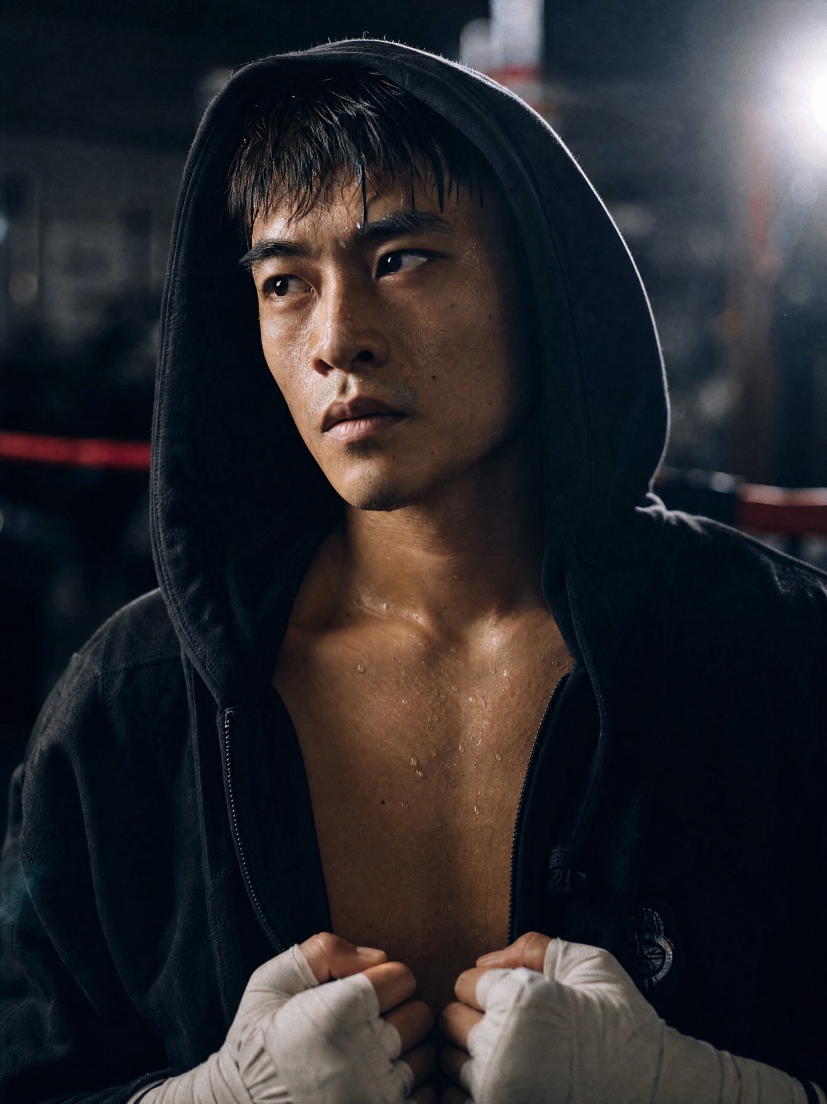 A boxer in a hooded robe with wrapped hands in a dark gym before the fight