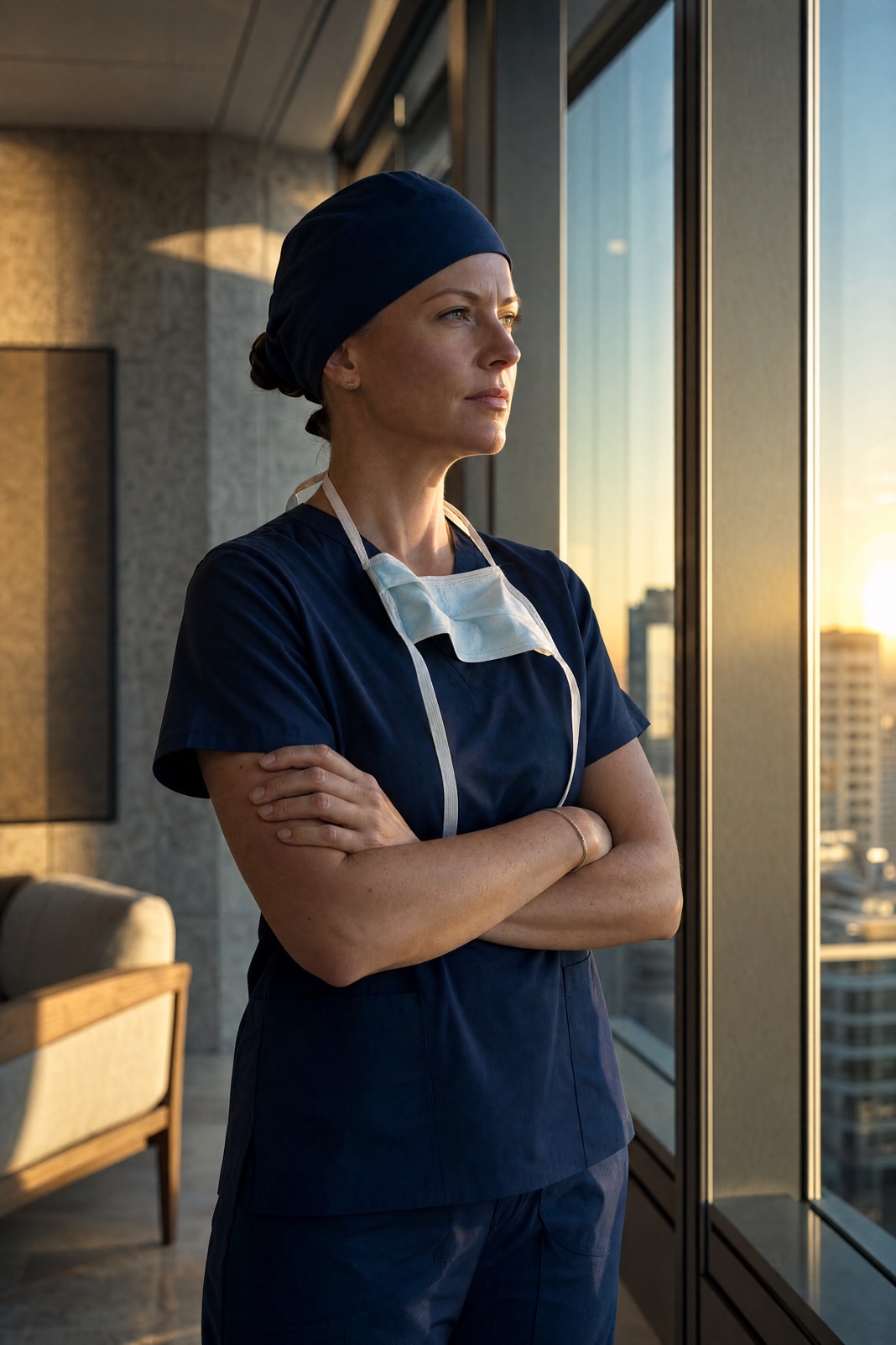 A surgeon in navy scrubs and cap, surgical mask around her neck, arms crossed at a floor-to-ceiling window at golden hour, city skyline beyond