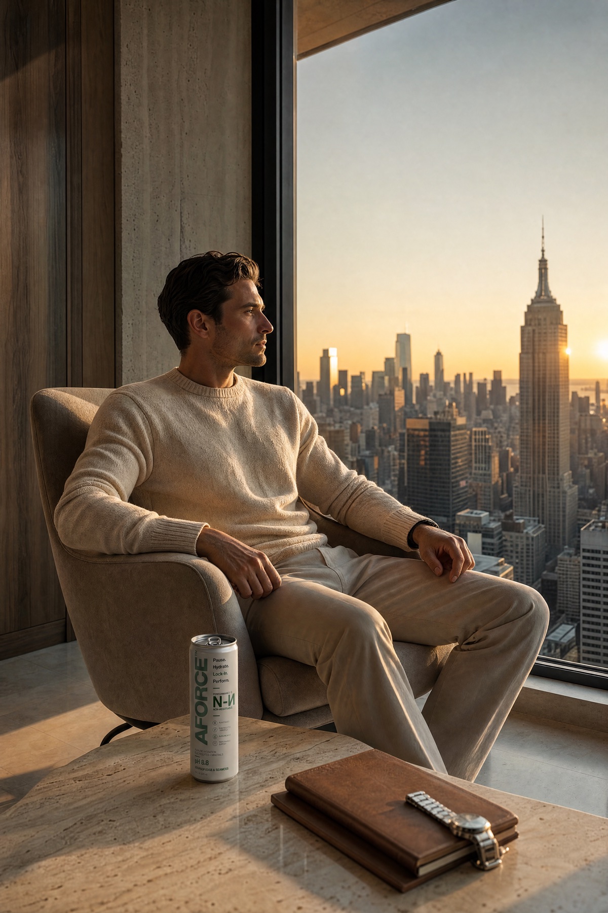 A man sits composed in a lounge chair by a floor-to-ceiling window at golden hour, the New York City skyline beyond, an AFORCE can, watch and notebook resting on the stone table